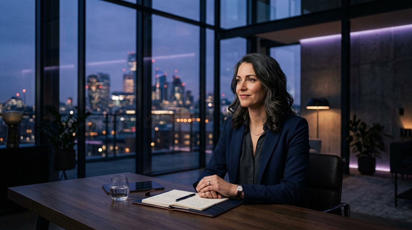 Executive founder developing strategic growth architecture in modern high-rise office
