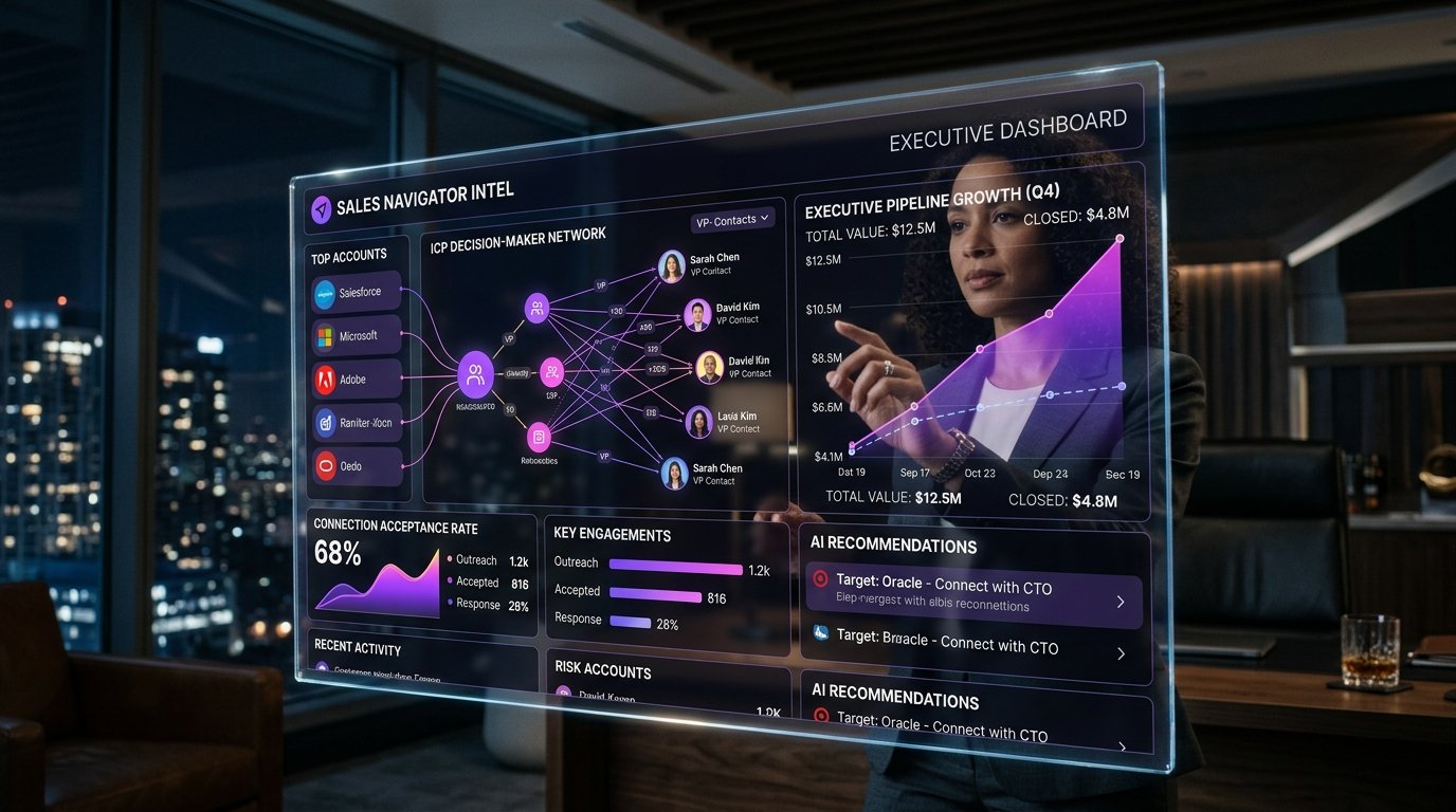Futuristic dark-mode executive B2B Sales Navigator dashboard and ICP network radar